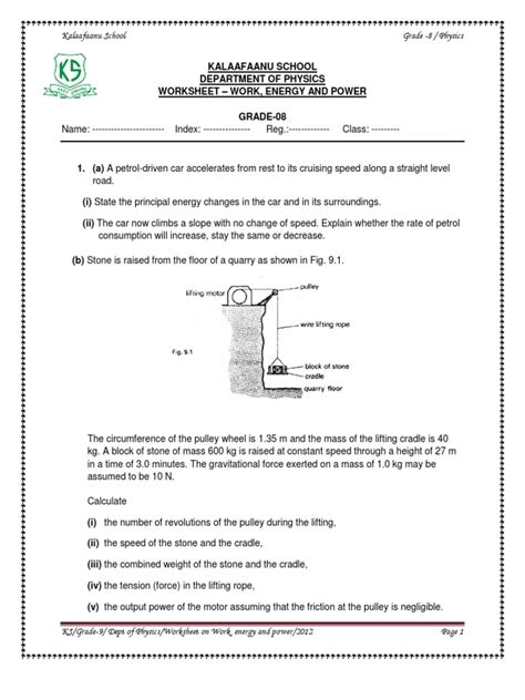 work and energy worksheet class 9
